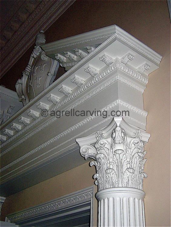 Corinthian capital at Fulham Palace Entablature Cartouch colour color Agrell woodcarving